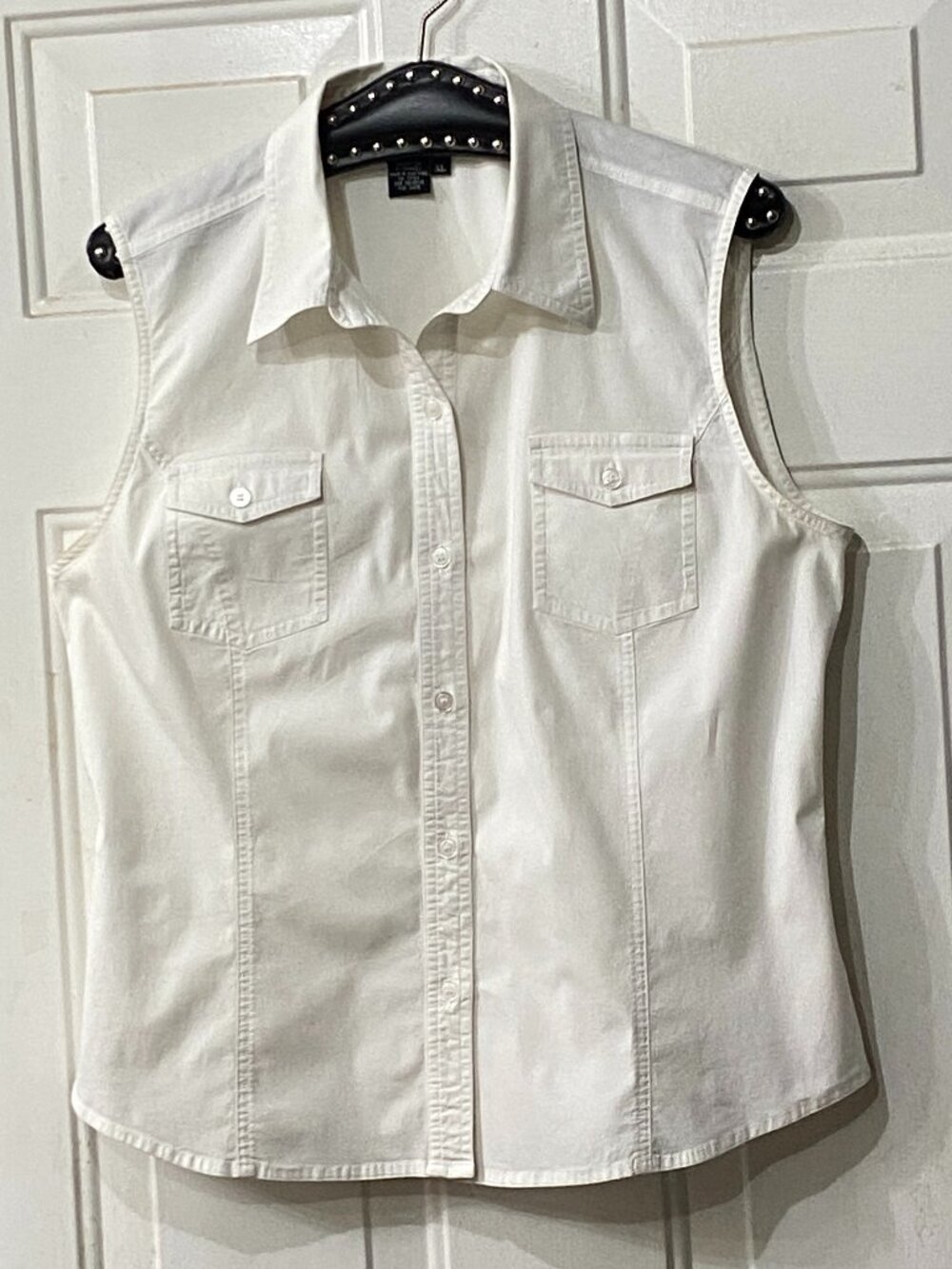 VTG Spenser Jeremy Sz XL/L  Womens White Blouse Shirt Sleeveless Pockets Stretch